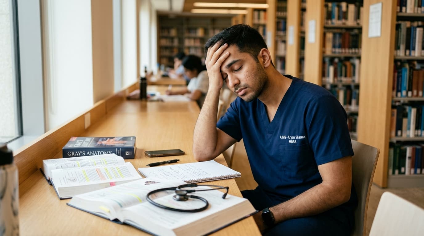 Indian medical student overwhelmed by open textbooks in library
