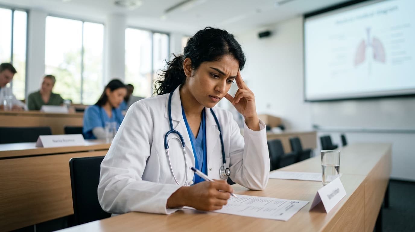 Indian medical student freezing during clinical exam recall