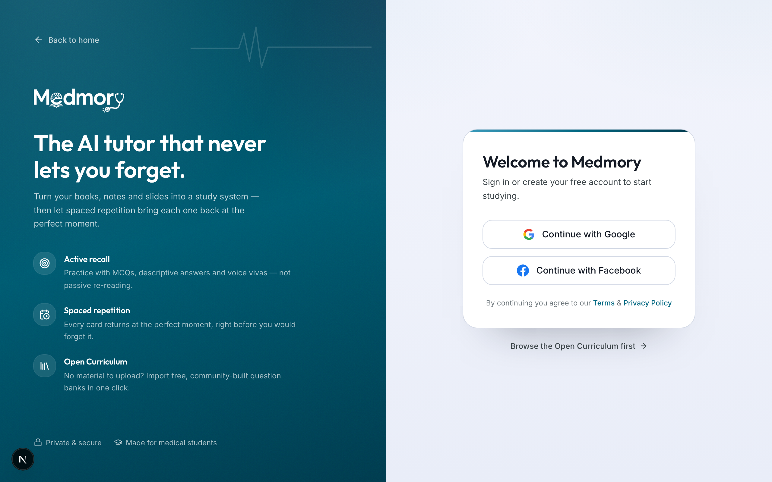 Medmory sign-in screen with Google and Facebook buttons
