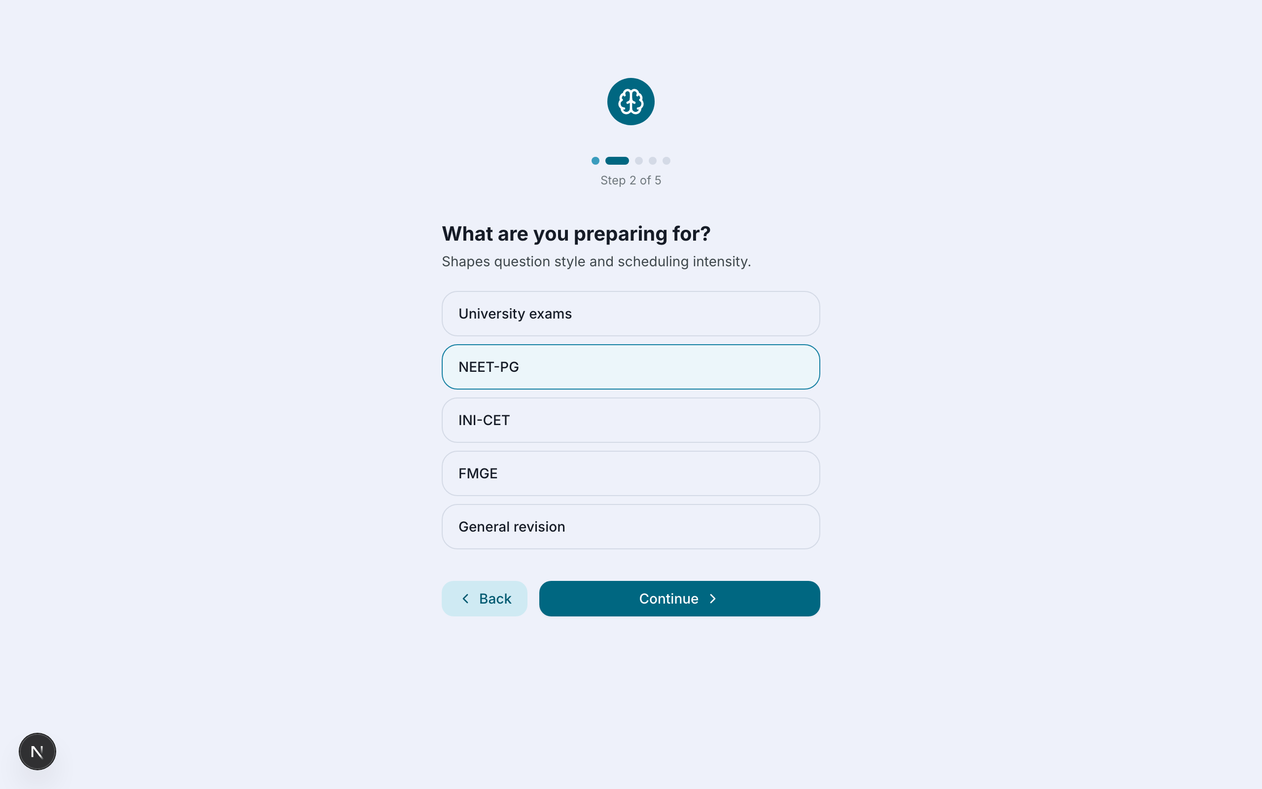 Medmory onboarding wizard asking what you're preparing for