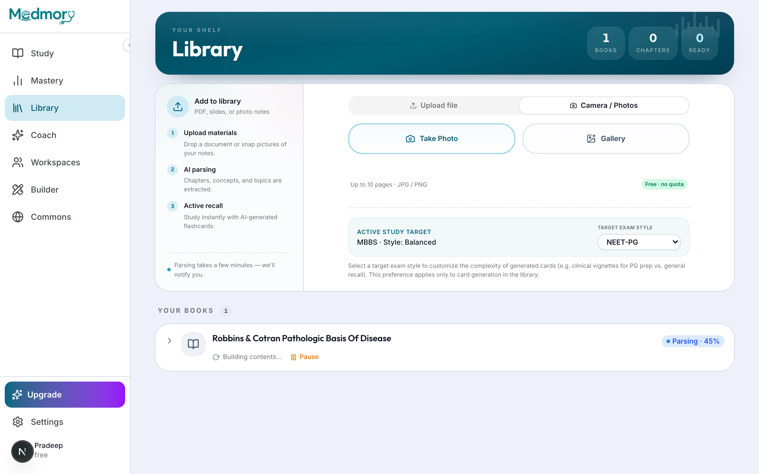 Library page with an upload panel and a book being parsed