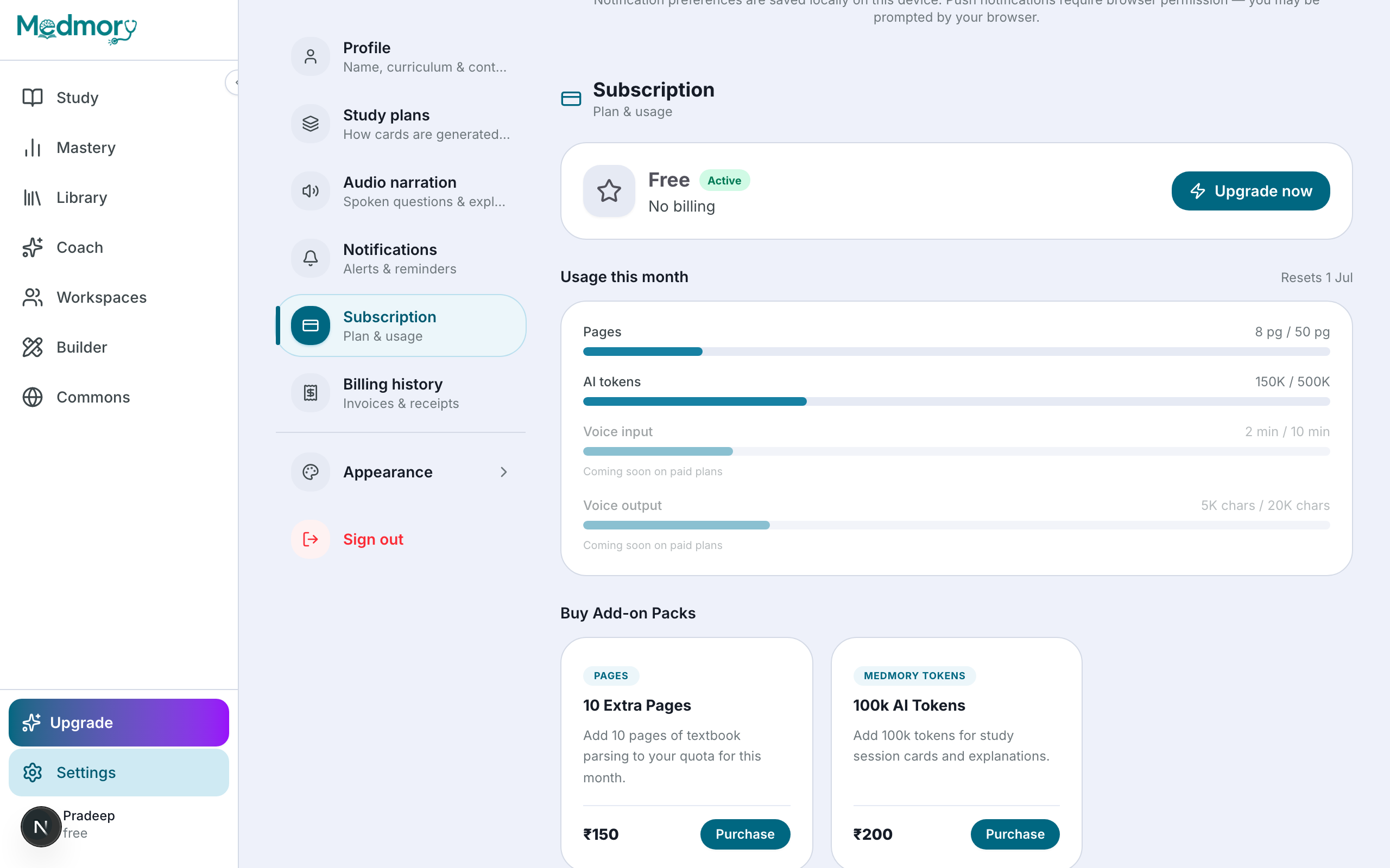 Subscription settings showing Free, Pro and Ultra Pro plans